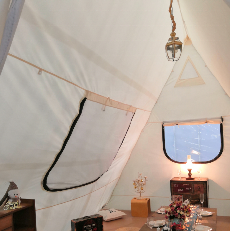 Намёт Tipi з драўляным слупом для глэмпінгу сафары-шацёр раскошная вясельная палатка на адкрытым паветры (2) (1)